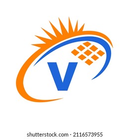 Letter V Inside Solar Cell oder Solar Panel Energy Logo Design. Buchstabe V-Logo mit Solarelementen, Sun-, Solar-Panels-Zeichen