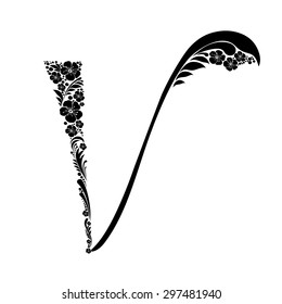 Letter V isolated on white. Romantic letter of beautiful flowers. Floral Alphabet. Vector Illustration