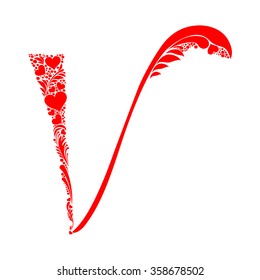 Letter V isolated on white. Romantic letter of beautiful heart. Love Alphabet Set. Vector Illustration