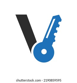 Letter V Key Logo Combine With House Locker Key For Real Estate and House Rental Symbol Vector Template