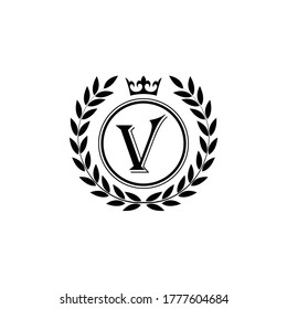 Letter V laurel wreath template logo Luxury letter with crown. Monogram alphabet . Beautiful royal initials letter.	