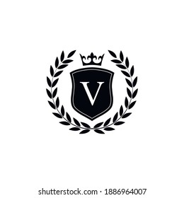  Letter V laurel Kranz Template Logo Luxury Schild mit Krone. Monogramm-Alphabet. Schöner königlicher Initialbrief.