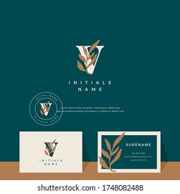 letter V with leaf Beauty vector logo design of initial wedding, fashion, boutique, floral and botanical logotype with business card template