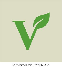 Letter V Leaf Icon – Black Silhouette Vector with Stylized Eco-Friendly Design on White Background