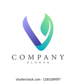 letter v + leaf logo design template