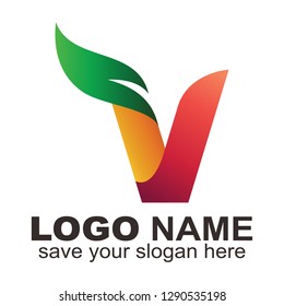 Letter V leaf logo - Vector. Symbol, Alphabet, Green leaf, Natural