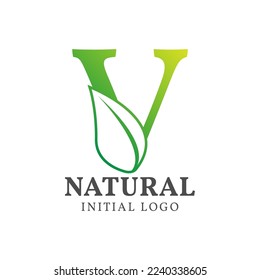 letter V with leaf natural initial vector logo design