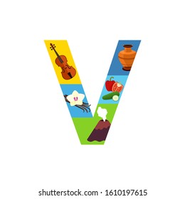Letter V learning poster for kids. Alphabet for preschool and primary school education.