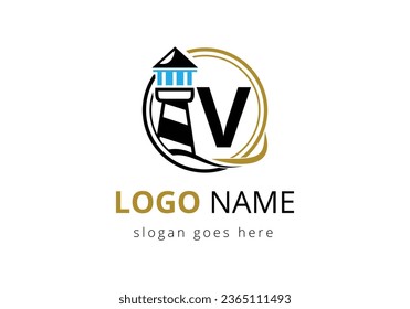 Letter V Lighthouse Logo Design Vector Template. Modern vector lighthouse logo for business, organization, or website