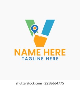 Concepto De Logotipo De Ubicación De Letra V Con Símbolo Gps, Plantilla De Icono De Pin
