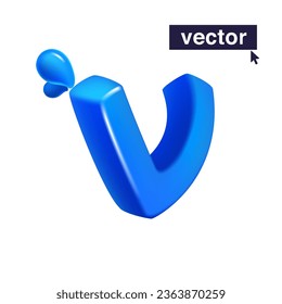 Logo 3D de la letra V representada en un estilo cúbico de dibujos animados hechos de agua azul clara y gotas de rocío. Ilustración vectorial ecológica. Formas isométricas imposibles. Banner perfecto para la naturaleza, etiquetas de filtro saludables.