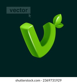 Letter V logo 3D render in cartoon cubic style with green leaves. Eco-friendly vector illustration. Impossible isometric shapes. Perfect for nature banner, healthy food labels, garden, and grass adv.