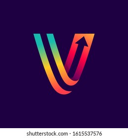 Letter V logo with arrow inside. Vector bright colours typeface for delivery labels, business headlines, finance posters, sport cards etc.