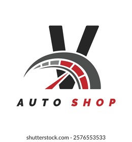 letter V logo auto mechanic with speedometer style. Alphabet V automotive speedometer design icon