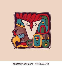 Letter V logo in Aztec, Mayan or Incas style. Native American symbol with warrior vulture face. Perfect for ethnic labels, sport emblem, tattoo design and tribal identity, etc.