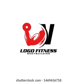 Letter V Logo With barbell. Fitness Gym logo template.