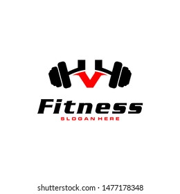 Letter V Logo With barbell. Fitness Gym logo. fitness vector logo design for gym and fitness.