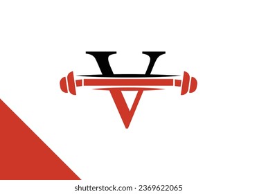 Letter V logo with barbell. fitness vector logo design for gym and fitness