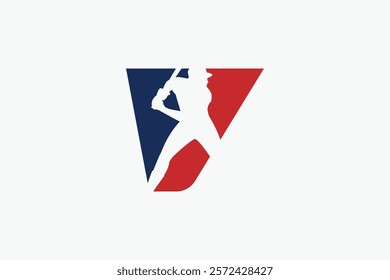 letter V logo with baseball player silhouette. It is good for team logo, club, sticker, etc