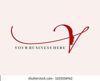 Letter V logo with beautiful woman portrait.Beauty studio, hair salon vector icon in red color isolated on light background.Calligraphic elegant shape.Luxury, feminine style silhouette.