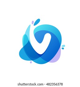 Letter V logo at blue water splash background. Vector ecology elements for posters, t-shirts, ecology presentation or card.