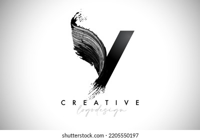 Letter V Logo Brush Stroke with Artistic Watercolor Paint Brush Icon Vector Design. Modern Elegant Minimalist Stroke Letter V Shape Symbol with Paint Style Swoosh. 