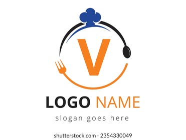 Letter V Logo With Chef Hat, Spoon And Fork For Restaurant Logo. Modern vector logo for café, restaurant, cooking business, and company identity