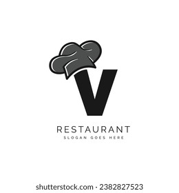 Letter V logo with chef's hat for a restaurant. Alphabet V Concept Design Food Business Logotype vector illustration