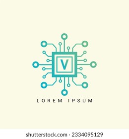 Letter V logo, Circle shape symbol, green and blue color, Technology and digital abstract dot connection