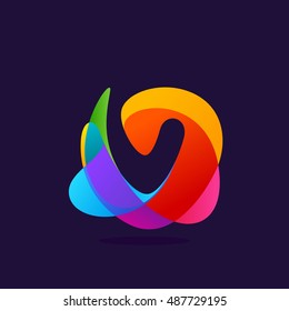 Letter V logo at colorful multicolor splash background. Negative space design. Vector elements for posters, t-shirts and cards. 