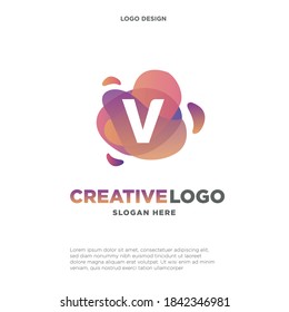 Letter V logo with colorful splash background, letter combination logo design for creative industry, web, business and company.