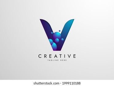 Logo de la carta V combinado con burbujas de color degradado, plantilla de diseño del logotipo