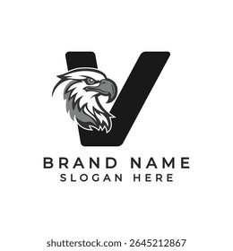Letra V Logo Concept com face Eagle. Ícone de Falcão do Alfabeto V