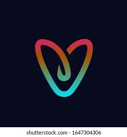 Letter V logo with decorative loop element.Ornamental lettering sign.Colorful alphabet initial icon isolated on dark background.Elegant,luxury,beauty style character.Intertwined line heart shape.