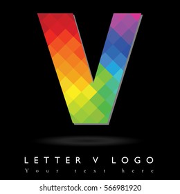 Letter V Logo Design Concept in Rainbow Mosaic Pattern Fill and Black Background