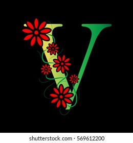 Letter V Logo Design Concept with Red Flowers Isolated on Black Background