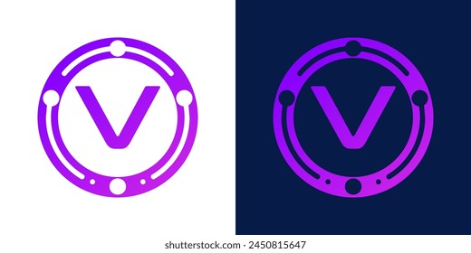 letter V logo design with dotted gradient digital circles, for digital, technology, data