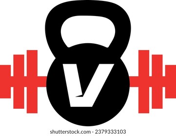 diseño del logotipo de letter v con dumbbell y kettlebell