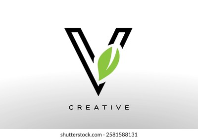 Letter V logo design with green leaf made of black lines vector Illustration