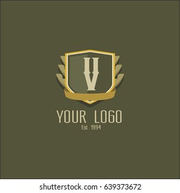 Letter V logo design. Luxury shield crown brand concept. Classic emblem sign.