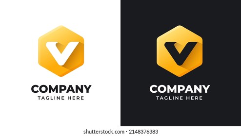 Letter V logo design with polygonal geometric shape gold gradient concept luxury for business company