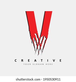 Letter V Logo Design With Red Claw Scratch Vector Illustration