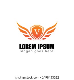 letter V logo design, shield and wing illustration design