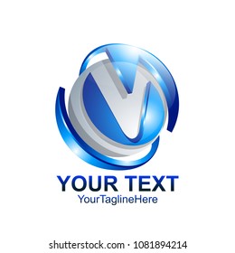 Letter V logo design template colored silver blue circle sphere design for business and company identity. Abstract initial V alphabet logo element.