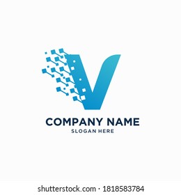 Letter V logo design template, Technology logo vector icon, Creative Abstract Pixel Motion Initial Letter V Illusion Style Logo