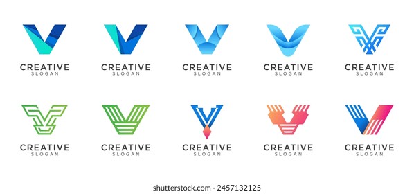 Buchstaben-V-Logo-Design für verschiedene Arten von Unternehmen und Unternehmen. Buntes, modernes, geometrisches Buchstaben-V-Logo-Set