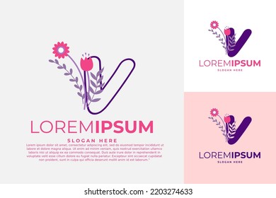 ilustración vectorial del diseño del logotipo de letra V con flores