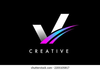 Letter V Logo Design Vector with Curved Purple Blue Swoosh Lines and Creative Look. Elegant Initial Modern V Logo Icon Idea Vector Illustration.