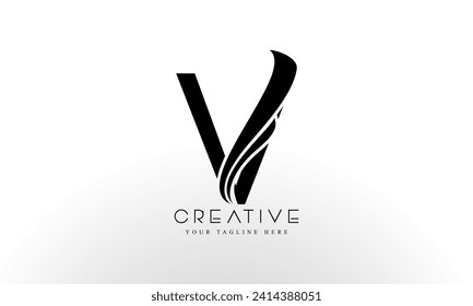 Vector de diseño de logotipo de carta V con líneas de trenzas curvadas y apariencia creativa