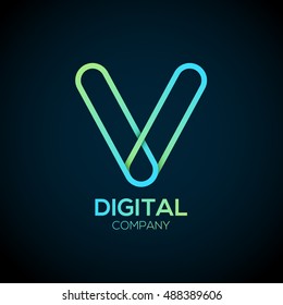 Letter V Logo Design.Linked shape circle symbol,Digital,green blue